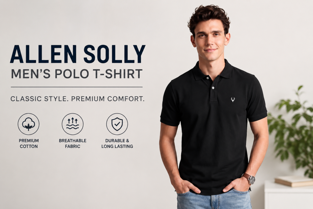 Allen Solly Men's Polo T-Shirt front view in navy blue with classic polo collar