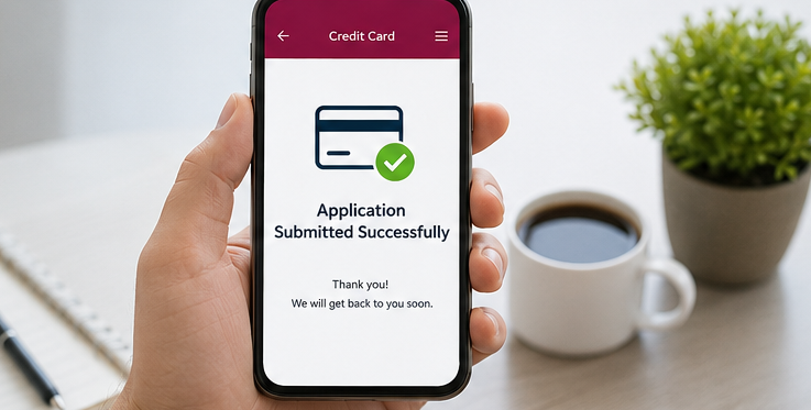Smartphone displaying a successful Axis Bank credit card application confirmation on an online application portal.