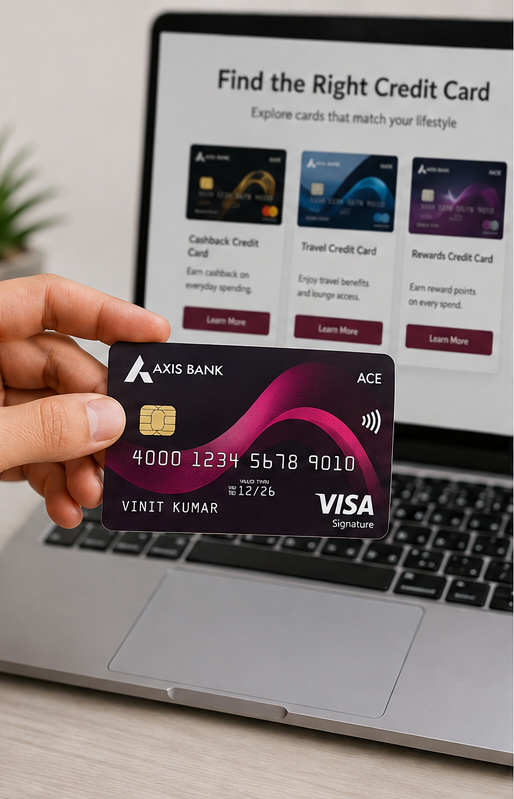 Hand holding an Axis Bank credit card in front of a laptop displaying online credit card offers and application options.