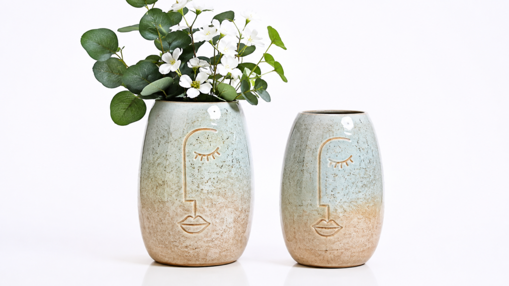 Earthen Face Decorative Ceramic Flower Vase review showing the set of two handglazed vases