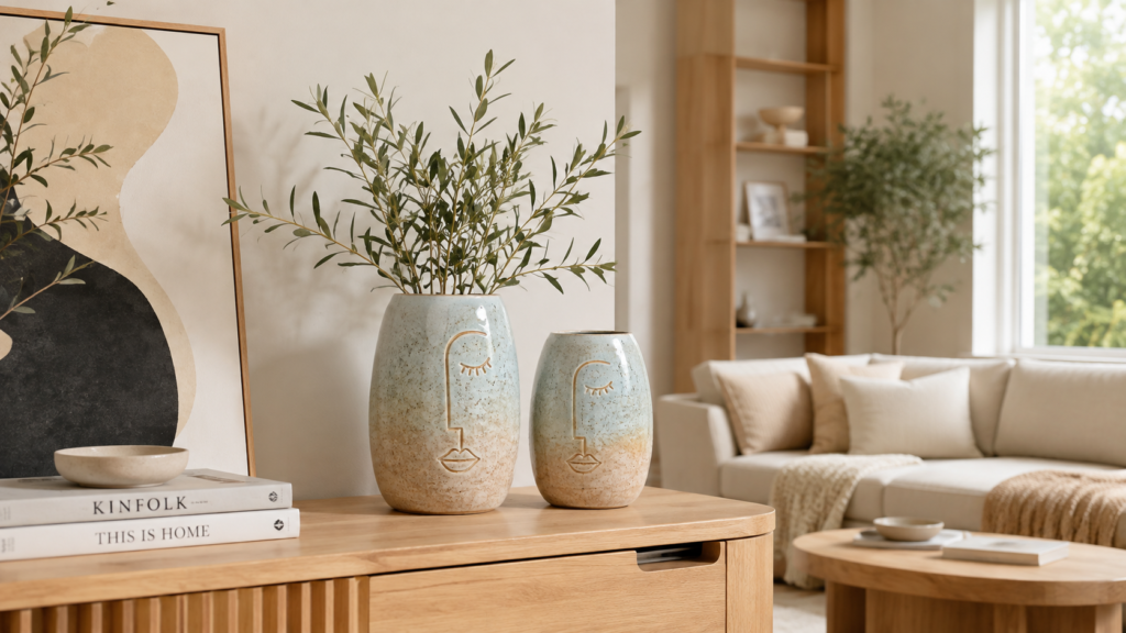 Earthen Face ceramic vase decorating a modern living room