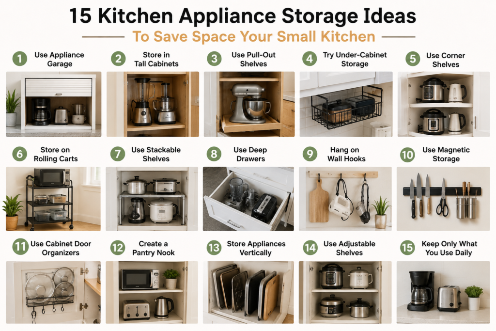 15 small kitchen appliance storage ideas for saving cabinet and countertop space