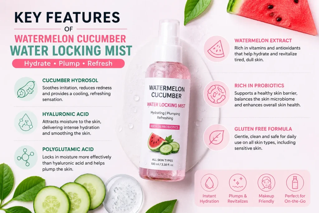 Key features infographic for Watermelon Cucumber Water Locking Mist showing cucumber hydrosol, hyaluronic acid, polyglutamic acid, probiotics, and gluten-free formula.
