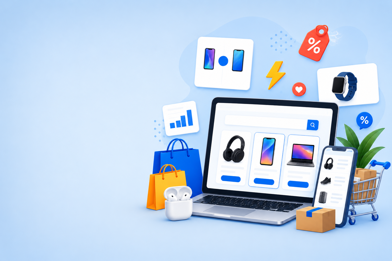 saledekho-product-comparison-deals Online shopping product comparison and deals illustration